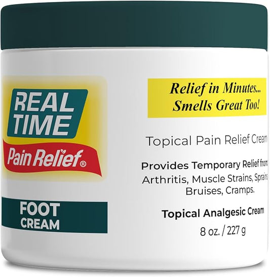 Real Time Pain Relief Foot Cream 8oz Jar | 15 Natural Ingredients: 1.5% Menthol, Tea Tree Oil, Vitamin E & Emu Oil | Advanced Neuropathy Relief & Soothing Lotion for Tired, Swollen, Sore & Aching Feet