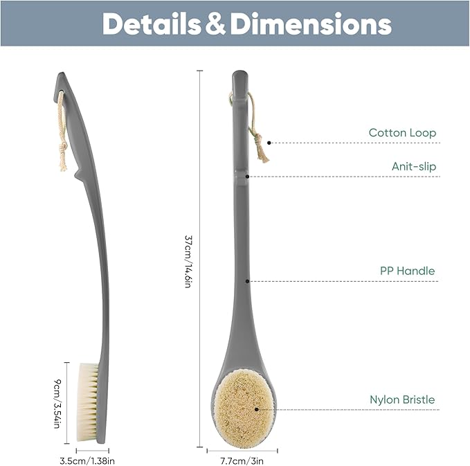 Back Scrubber for Shower, 17-Inch Shower Brush for Men and Women, Long Handle Exfoliating Body Brush, Medium Bristle Stiffness for Dry or Wet Brushing (Deep Gray)