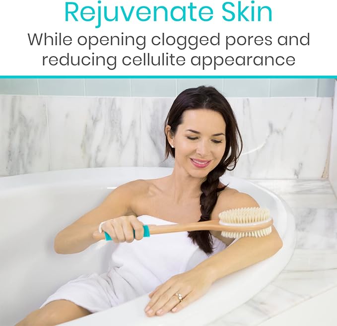 Vive Back Scrubber for Shower – Long Handle Dry Brushing Body Brush with Soft & Stiff Bristles – Exfoliating Shower Loofah & Bath Scrubber Cleaner for Women, Men, Elderly – Antiskid Grip