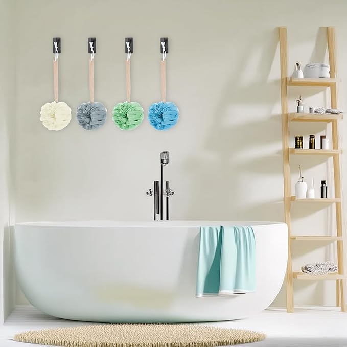 8 Pack Large Bath Puff Loofah Sponge with Long Handle Shower Loofah, Bath Body Back Brush