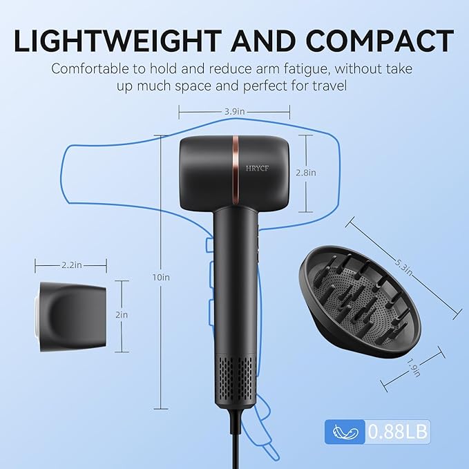 Ionic Hair Dryer Fast Drying, 160000 RPM High-Speed Brushless Motor, Thermo-Control Professional Blow Dryer, Low Noise, Lightweight, Magnetic Concentrator and Diffuser for Curly & Straight Hair, Gray