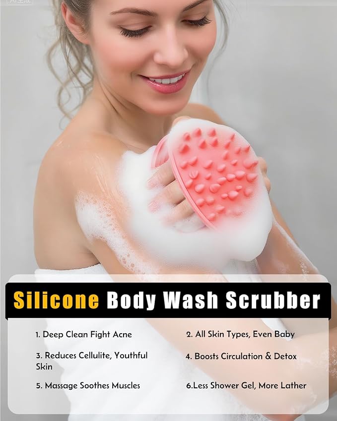 2 in 1 Silicone Body Scrubber, Anti Cellulite Massage Scrubber, Exfoliating Shower Brush for Men & Women, Removes Dead Skin, Reduces Cellulite, Improves Circulation, Fast Dry, Non Slip (1PC, Pink)