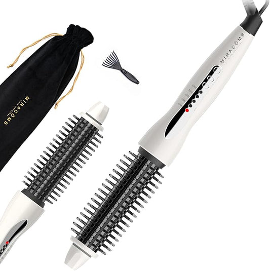MIRACOMB Professional Hair Curler Straightening Brush | Ceramic Heated Round Brush | 1" Comb Flat Iron Straightener | Anti-Frizz Curl Wand Iron Roller with 5 Heat Settings, Cool Touch, Auto off, White