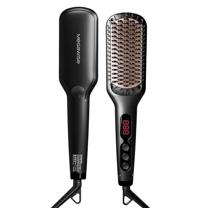 MEGAWISE Pro Ceramic Ionic Hair Straightener Brush for Home Salon | MCH Fast 20s Heating Tech with Auto-Off Safety | Anti-Scald with Universal Dual Voltage | Rotatable Power Cord