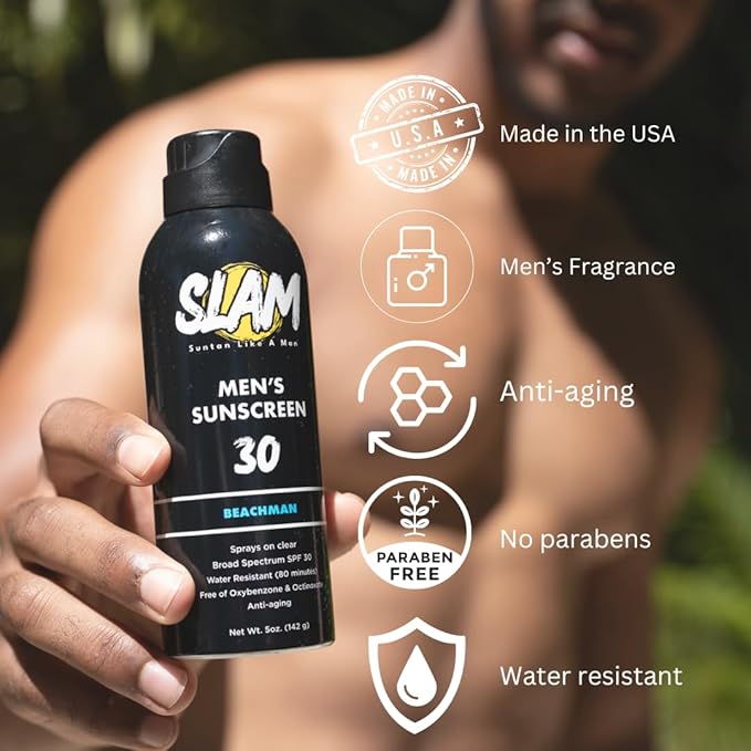 SLAM BeachMan Men's Scented Sunscreen Spray SPF 30 – Broad Spectrum Sun Screen for Face & Body, Water & Sweat Resistant Spray Sunscreen SPF 30, UVA/UVB Protection, Mens Sunblock