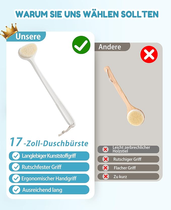 Back Scrubber for Shower with 17" Long Handle, Non-Slip Grip Shower Brush, Moderate Bristles Body Brush for Gentle Exfoliation, Back Brush for Shower Men & Women – White