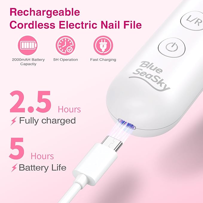 Professional Electric Nail Drill 2000mAH Portable Cordless Electric Nail File 10 in 1 Manicure Pedicure Kit ,5-Speeds Toe Nail Tools Hand Foot Care,Thick Toenail Grinder for Women Men Pets (Pink)