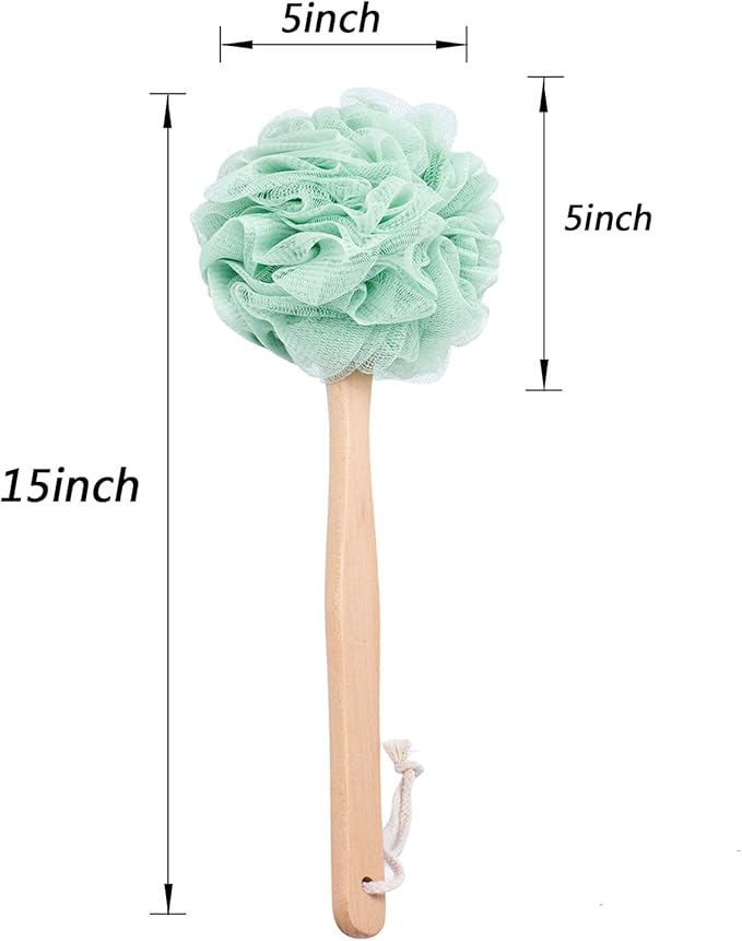 Loofah Sponge Back Scrubber, Wooden Long Handle Bath Sponge Lufa Shower Brush, Soft Nylon Mesh Back Cleaner Washer, Men & Women Exfoliating Luffa Pouf on a Stick for Body (Green)