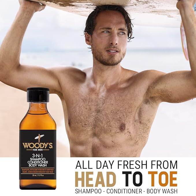 Woody's Mens 3-in-1 Shampoo, Conditioner, & Body Wash Travel-Size, Refreshing Multi-Use Cleanser Grooming Essential, 1.7 fl oz