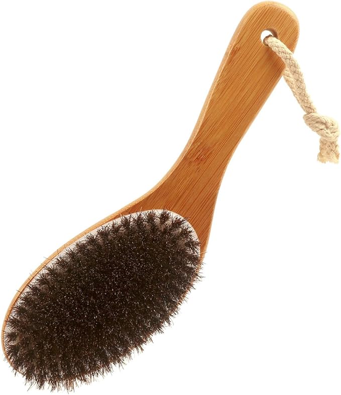 Curved Handle Dry Bath Body Brush Scrubber with Natural Bristles, 9.84 Inch Wood or Bamboo Handle Shower Brush for Detox, Exfoliating, Cellulite, etc. (White Horsehair Bamboo Handle)