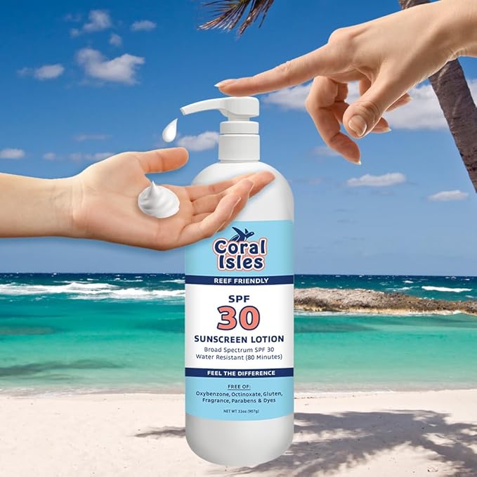 Coral Isles by Rocky Mountain Sunscreen | SPF 30 Lotion | Broad Spectrum UVA/UVB Protection | Hawaii Reef-Safe Act Compliant | Oxybenzone & Octinoxate Free | Water Resistant 80 Min. | 32 Fl Oz
