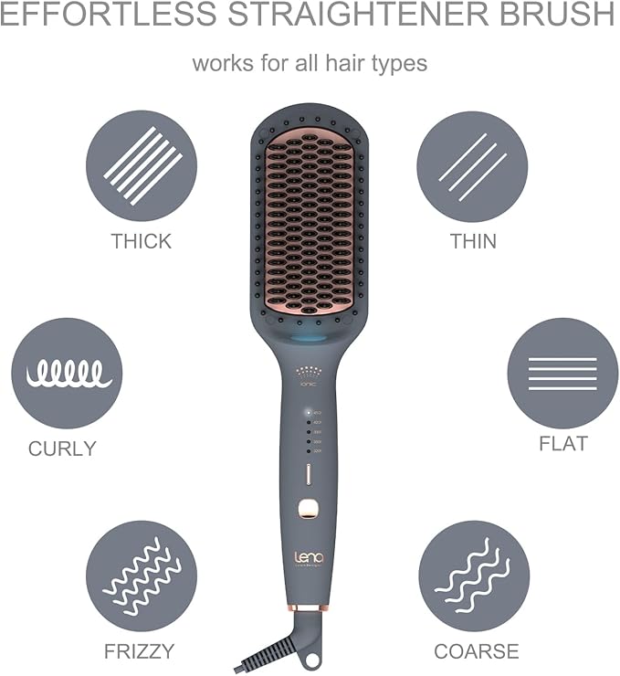 Hair Straightening Brush by LENA - Electric Heated Flat Iron Comb with Ionic Care for Smooth, Frizz-Free Styling