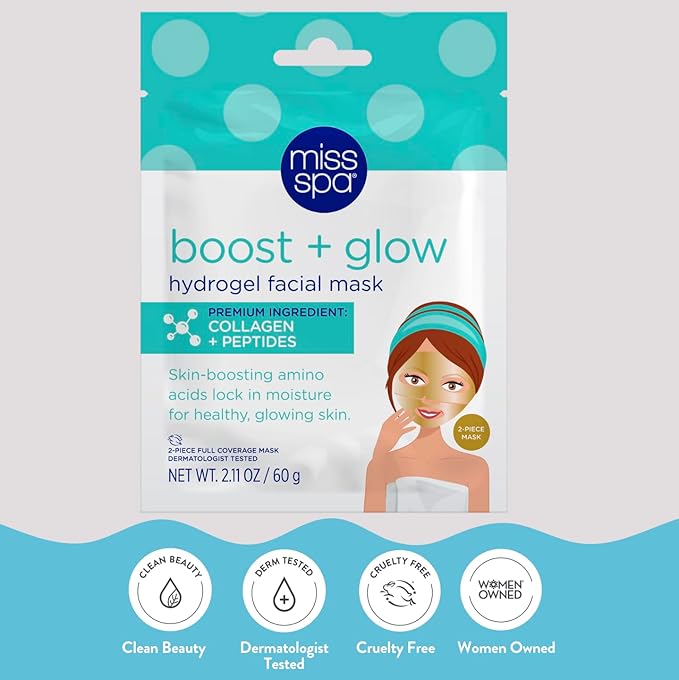 MISS SPA Boost Glow Hydrogel Facial Mask Collagen & Peptide Infused Sheet Mask Moisturizing, Firming & Radiance-Boosting Skincare Treatment for Glowing Skin, Anti Aging Skin Care, 4 Pack
