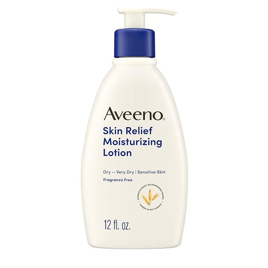Aveeno Skin Relief Moisturizing Lotion Heals Very Dry, Sensitive Skin, Fast-Absorbing Body Lotion with Soothing Triple Oat & Shea Butter Formula, Fragrance Free, Non-Comedogenic, 12 fl. oz