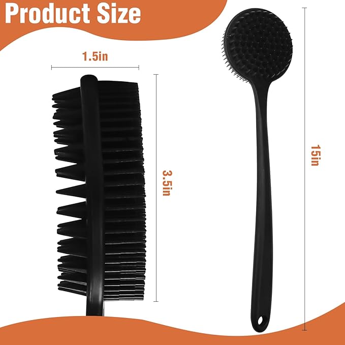 Silicone Body Scrubber for Shower Men Women – Dual-Sided Exfoliating & Massage Shower Brush with Long Handle, Creates Rich Lather, Includes 1 Hook & 2 Lather Balls (Black).