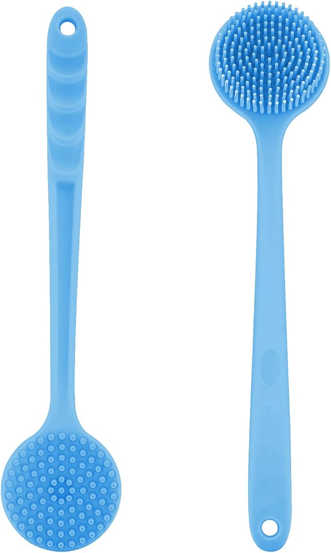 Generic Silicone Bath Brush Long Handle Double Sided Soft Hair Bath Scrub Massage Brush Lazy Back Rubbing Artifact Thickened Body Brush, Blue