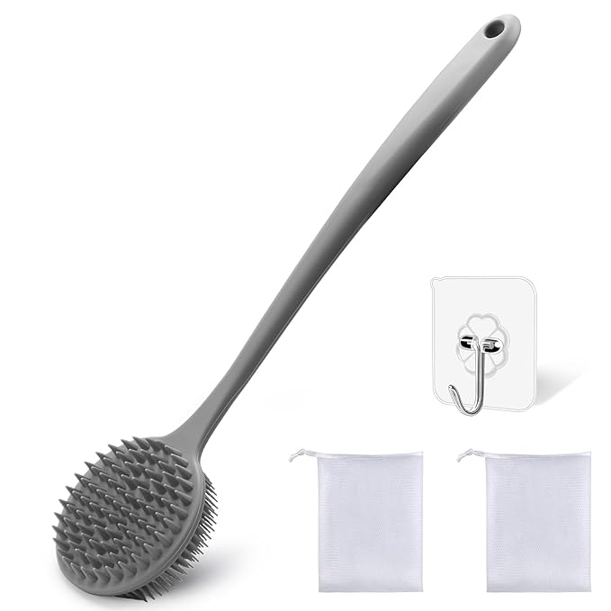 Silicone Body Scrubber for Shower Men Women – Dual-Sided Exfoliating & Massage Shower Brush with Long Handle, Creates Rich Lather, Includes 1 Hook & 2 Lather Balls (Gray).