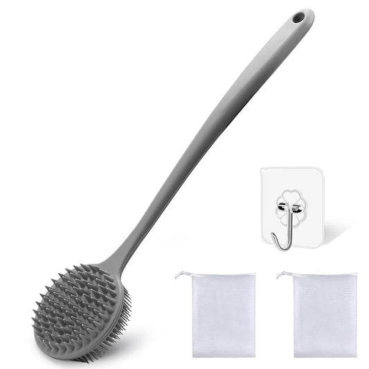 Silicone Body Scrubber for Shower Men Women – Dual-Sided Exfoliating & Massage Shower Brush with Long Handle, Creates Rich Lather, Includes 1 Hook & 2 Lather Balls (Gray).