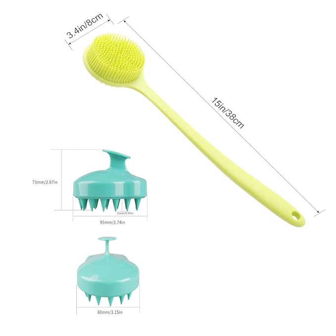 Silicone Body Scrubber & Scalp Massager - Long Handle Back Brush for Shower, Exfoliating Scrubber, Hair Dandruff Shampoo Brush for Men, Women & Kids