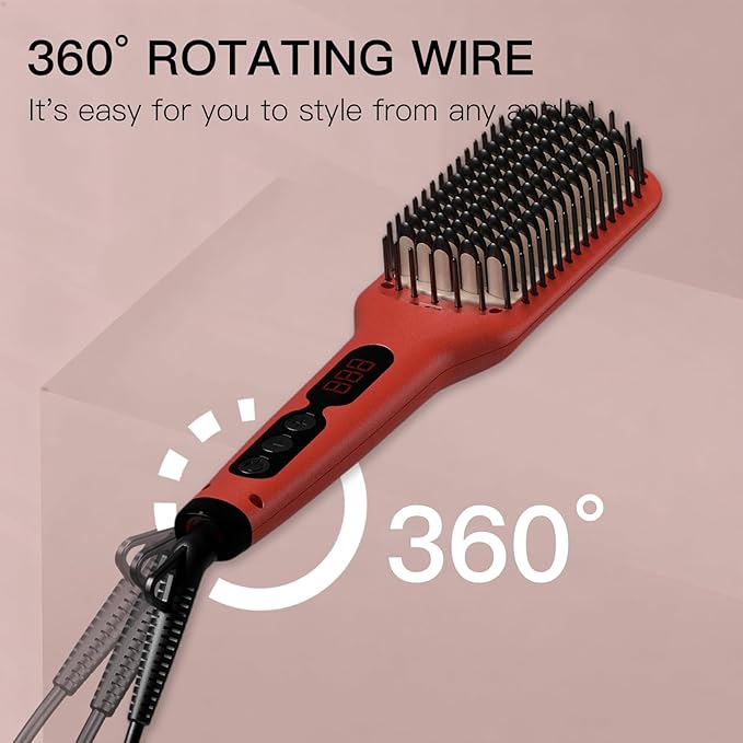 Updated 2025 Megawise Pro Ceramic Ionic Hair Straightener Brush – Fast 20s Heating, Auto-Off, Anti-Scald, Dual Voltage, Rotatable Power Cord – Home Salon Styling (Tomato Red)