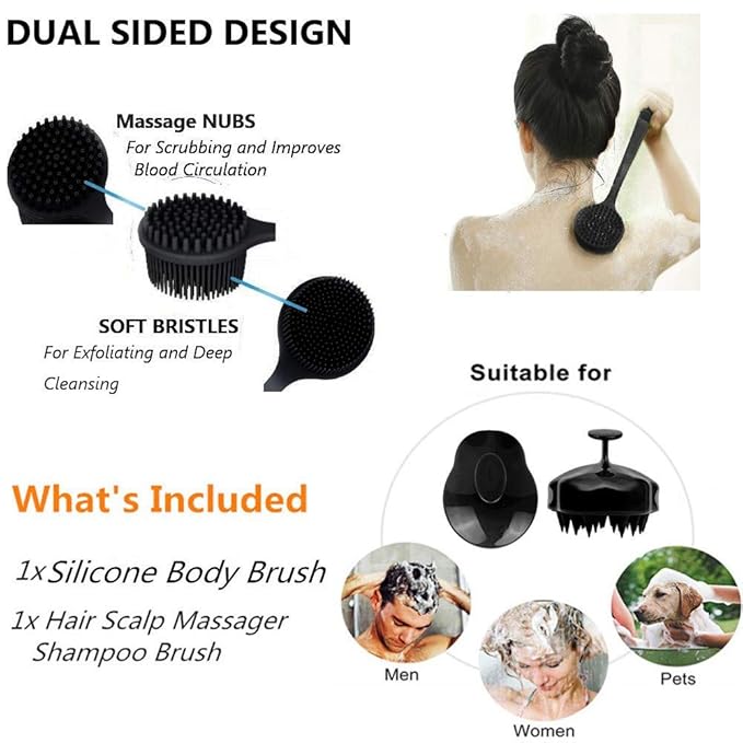 Silicone Body Scrubber & Scalp Massager, Long Handle Shower Brush, Exfoliating Scrubber for Men, Women & Kids