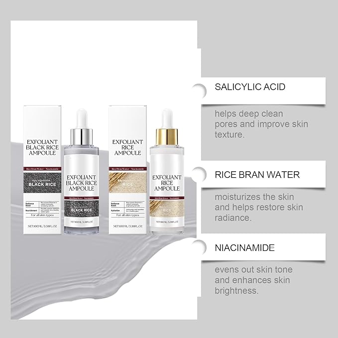 2 Pcs Black and White Rice Peeling Ampoule,Deep Hydrates Skin Pore Cleansing Gentle Peel Shot Skin All Skin Types.