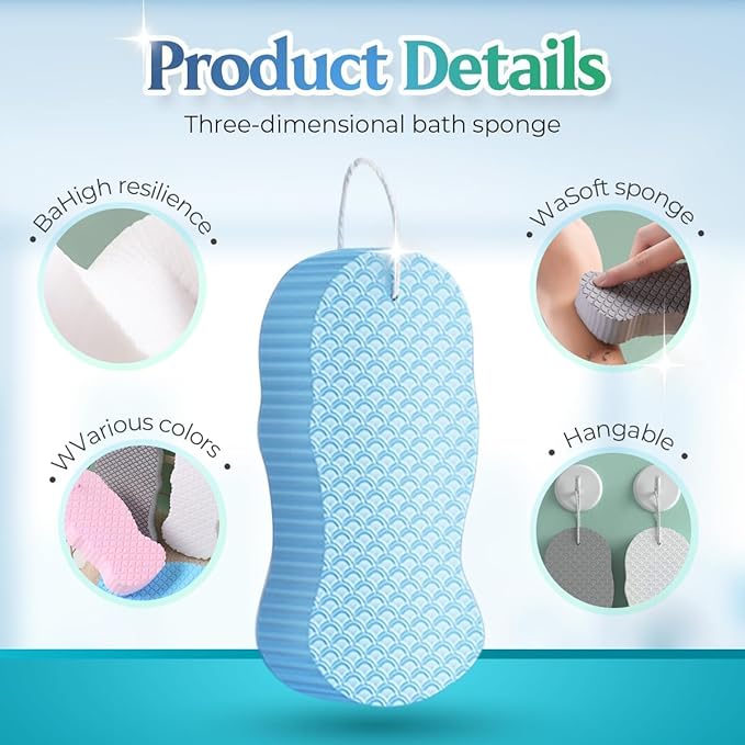Magic Exfoliating Bath Sponge, Upgraded 3D Super Soft Exfoliating Bath Sponge Magic Exfoliating Body Scrubber, Shower Brushes for Adults Women and Men (A-3Pcs)