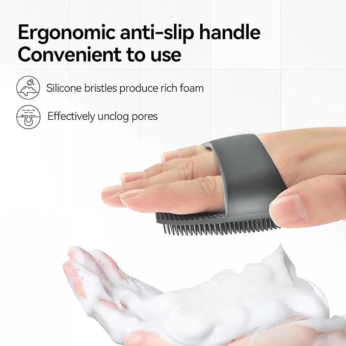 Silicone Body Scrubber Loofah as Stocking Stuffers-Gentle Exfoliating Brush for Sensitive Skin, Women＆Men, Non-Slip Handle, Long-Lasting, Easy Clean & Travel Friendly(Gray)