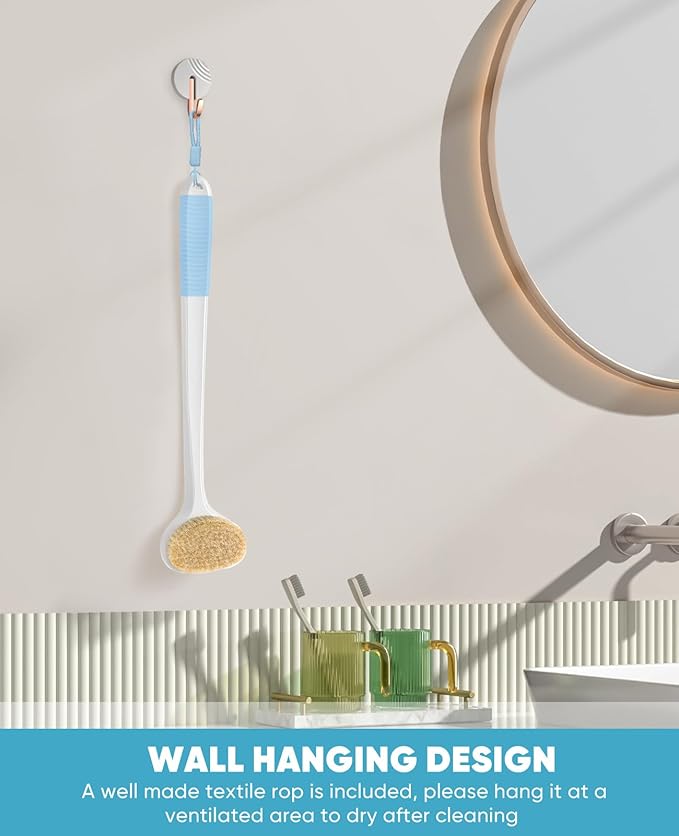 Back Scrubber for Shower with 17" Long Handle, Non-Slip Grip Dry Brushing Body Brush, Natural Boar Bristles Shower Brush for Lymphatic Drainage, for Men & Women Use - White with Blue Handle
