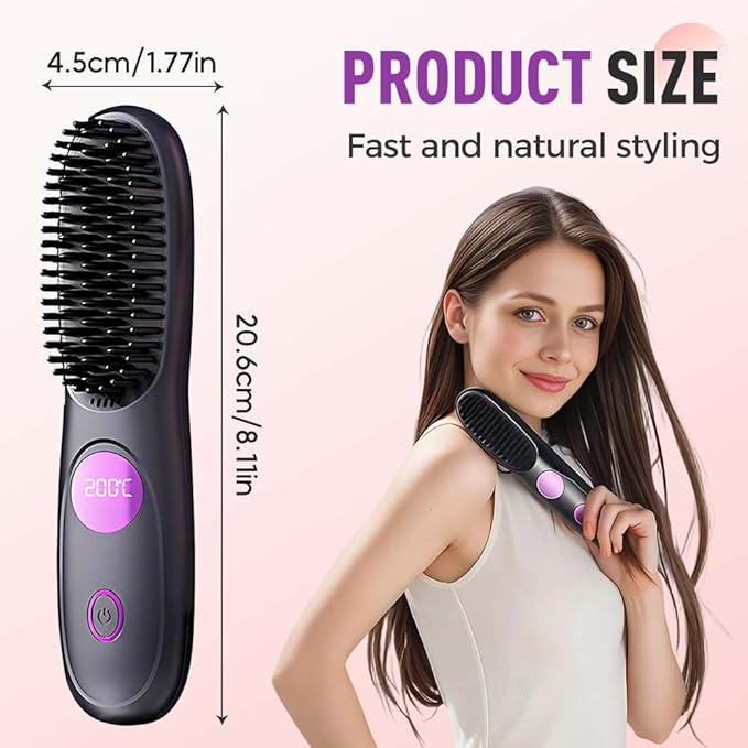 Go Brush Pro, Cordless Hair Straightener Brush, Portable Mini Hair Straightening Brush with 3 Temperature Settings & LED Display, USB Rechargeable Fast Heating Hairs Brush for Travel (Pink)