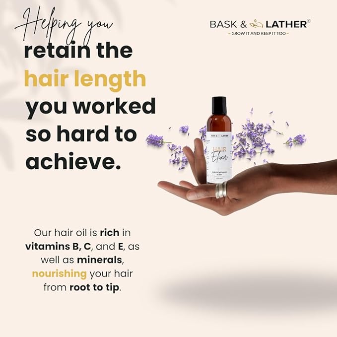 BASK & LATHER Growth & Length Retention Bundle | Hair Elixir + Scalp Stimulator Oil | Strengthen, Nourish & Revitalize Hair | Natural Oils for Healthy Scalp, Reduced Breakage & Faster Growth