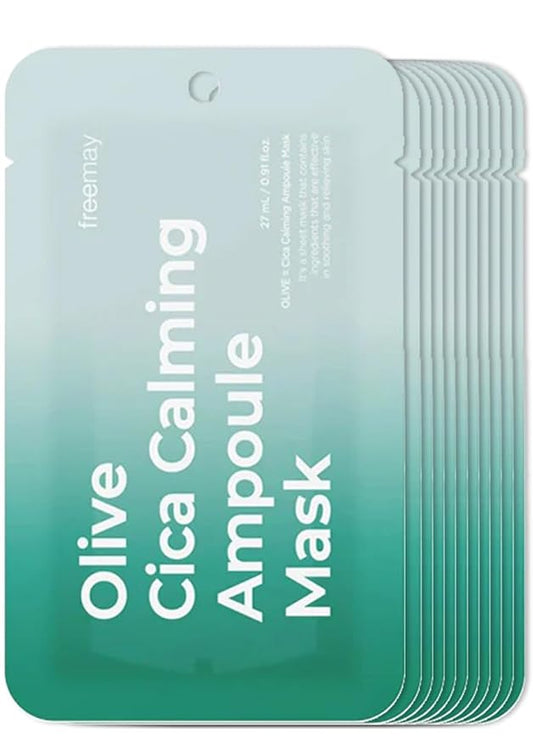freemay Olive Cica Calming Ampoule Mask, Helps Support Skin Barrier & Calms Look of Redness, Vegan Sheet Mask for Sensitive Dry Acne-Prone Skin, 10 Sheets