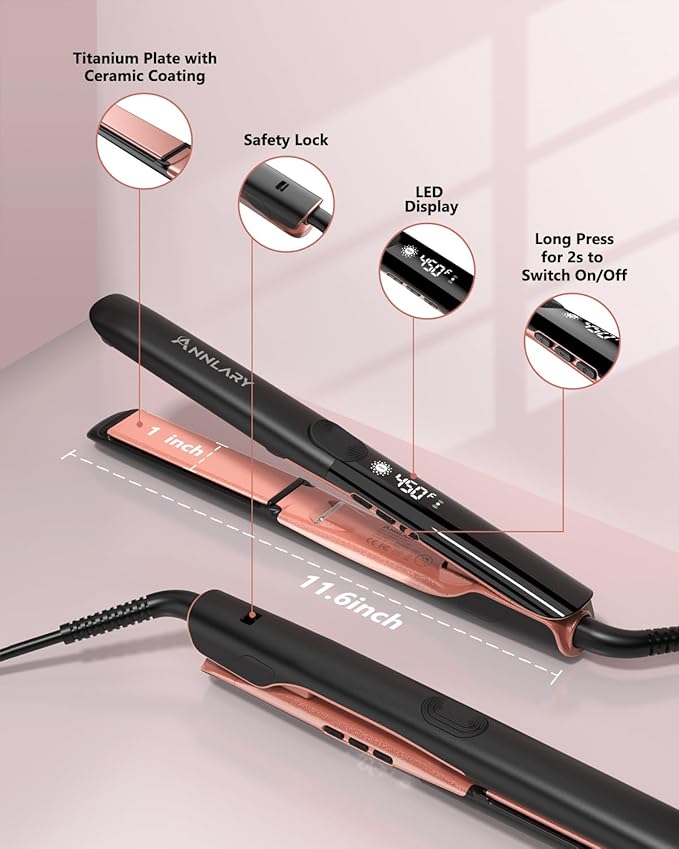 Hair Straightener 1 Inch Flat Iron and Curler 2 in 1 Titanium Ceramic Ionic Dual Voltage Straightener with Heat-Resistant Silicone, for Less Frizz, Shinier & Smoother