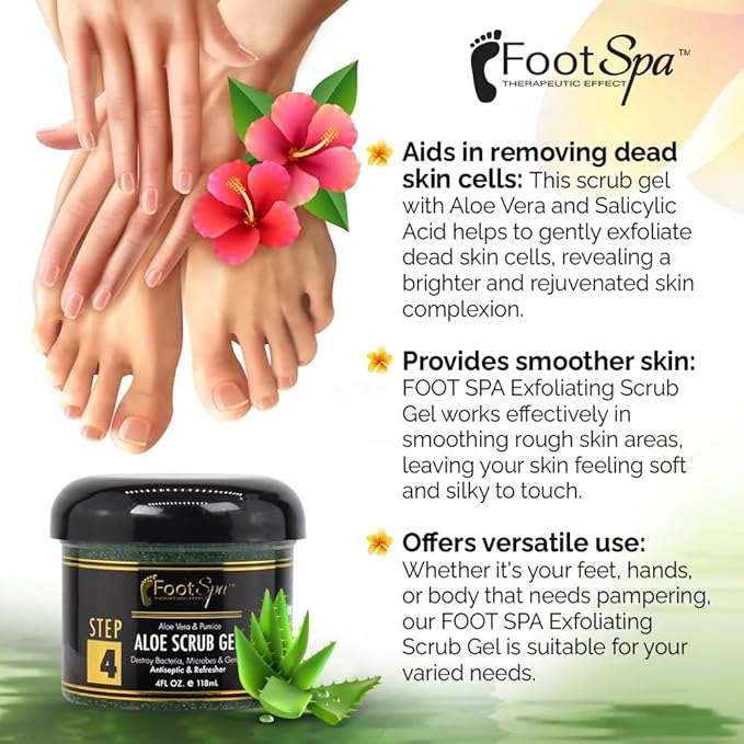 FOOT SPA - Exfoliating Scrub Gel, 4 Oz - Manicure, Pedicure and Body Exfoliator Infused with Aloe Vera and Salicylic Acid - Glow, Polish, Smooth and Moisture Skin - Body, Hand and Foot
