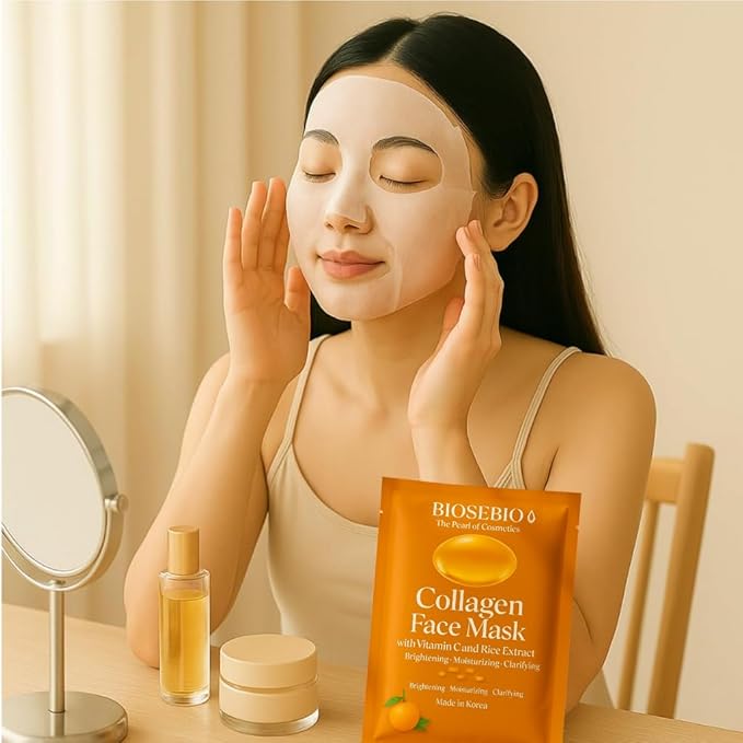 BIOSEBIO Korean Collagen Face Mask with Vitamin C & Rice Extract -5 Packs - Hyaluronic Acid Sheet Masks for Deep Hydration & Anti-Aging - Moisturizing Facial Skincare for Women