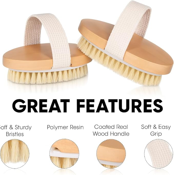 OPAZ 2-Pack Dry Body Brush – Natural Boar Bristles, Ergonomic Cotton Strap – Smoothes Skin, Reduces Cellulite, Boosts Circulation & Lymphatic Drainage – Eco-Friendly Wooden Scrub