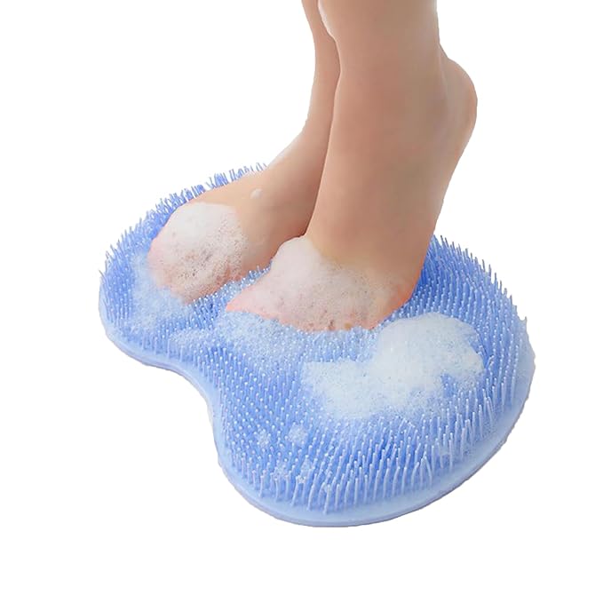 Shower Foot and Back Scrubber Mat,Wall Mounted Shower Foot Scrubber with Suction Cups,Exfoliating Silicone Massage Foot Cleaner for Shower(Blue)