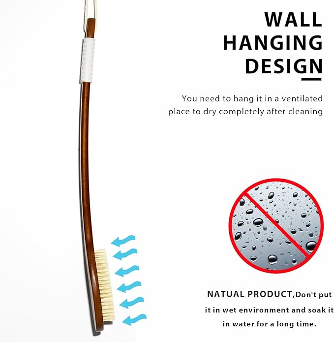 ICANdOIT-19.68Inch Natural Boar Bristles Anti-Slip Extra Long Handle Bath Brush,Bent Handle Shower Scrubber for Exfoliating,Shower Back Brush,Exfoliation Set with Pumice Stone (1 Pack)