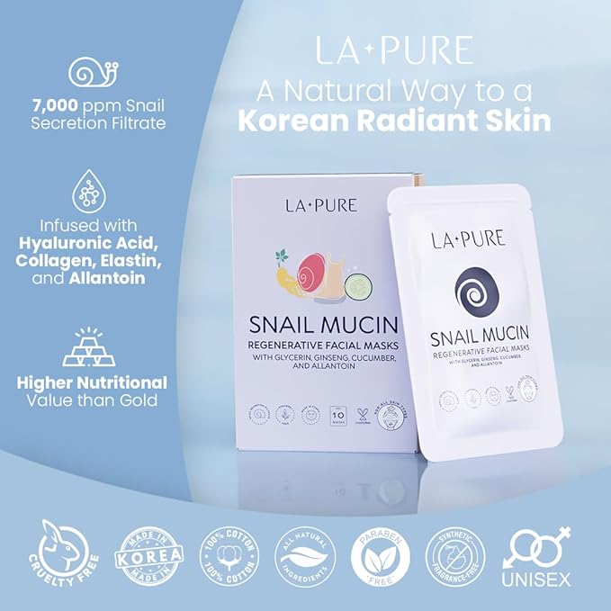 LA PURE Snail Mucin Mask – 10ct Korean Sheet Mask Pack for Signs of Aging, Aid Skin Repair & Hydration – Pure Snail Mask for Face with Collagen & Hyaluronic Acid – Cruelty-Free Hydrating Sheet Mask