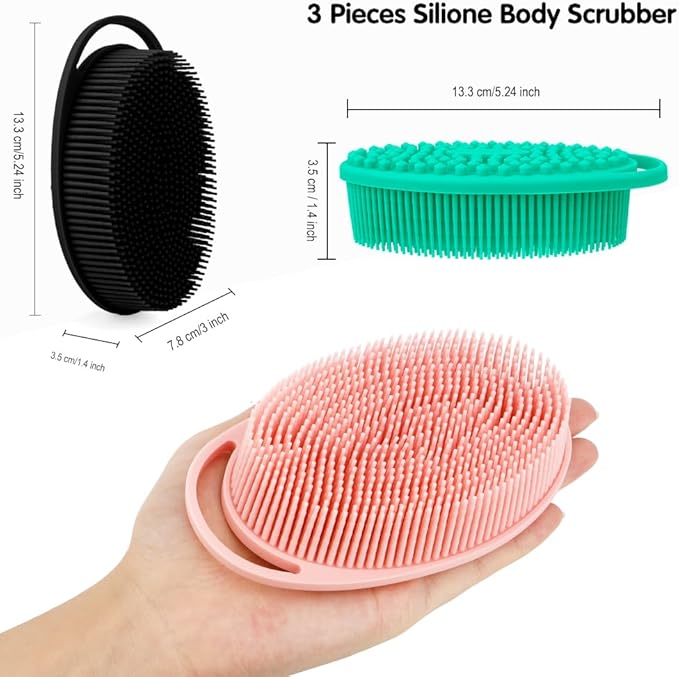 3 Pack Silicone Body Scrubber, Silicone Loofah Exfoliating Soft Body Scrubber, Silicones Body Brush Bath Shower Scrubber for Body, 2 in 1 Bath and Shampoo Wash Brush for Skin Exfoliation Men Women
