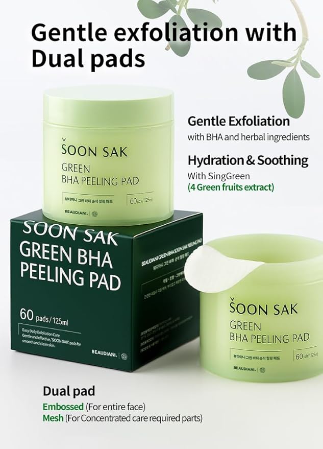 BEAUDIANI Green BHA Peeling Pad 60ct | Korean Exfoliating Toner Pads | Minimize Pores, Soothe Blemish-Prone Skin | Gentle Daily Chemical Exfoliant | K-Beauty Skincare