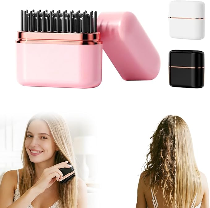 Mini Hair Straightener, Portable Cordless Hair Straightener Brush for Women, Last 1H USB-Rechargeable Mini Straighteners with 3 Heat Settings, Travel-Friendly Portable Comb (Pink)