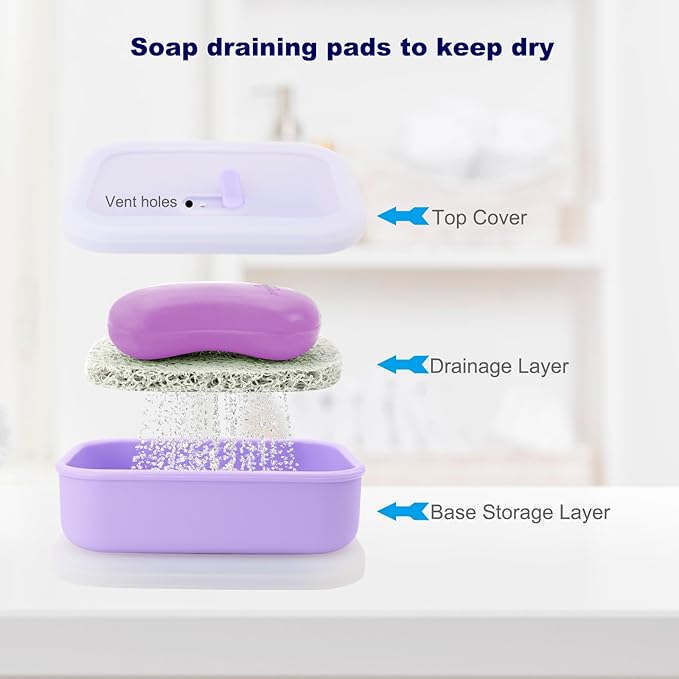 Leak Proof Travel Soap Case,Solid Shampoo Bar Holder, Silicone Soap Container with Draining Layer, Portable Bar Soap Holder for Bathroom, Camping, Gym, Easy to Clean (Purple, Large)