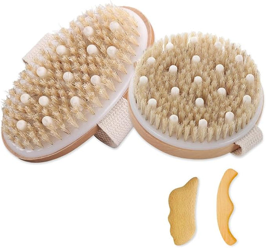 Dry Brushing Body Brush for Lymphatic Drainage-Vegan Dry Brush with Contoured Non-Slip Handle +Wood Therapy Massage Tools. Maderoterapia Kit, Gua Sha, Anti-Cellulite, Body Sculpting, Sensitive Skin
