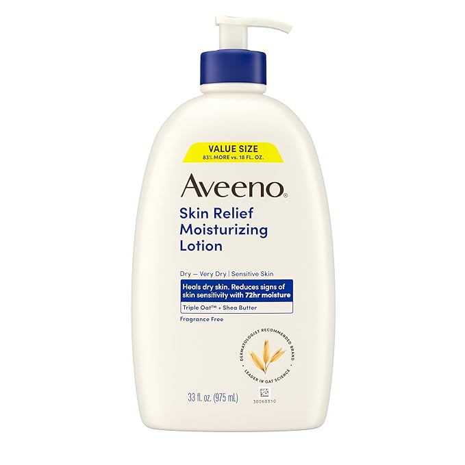 Aveeno Skin Relief Moisturizing Lotion Heals Very Dry, Sensitive Skin, Fast-Absorbing Body Lotion with Triple Oat & Shea Butter, Fragrance Free, Non-Comedogenic, Value Size, 33 fl. oz