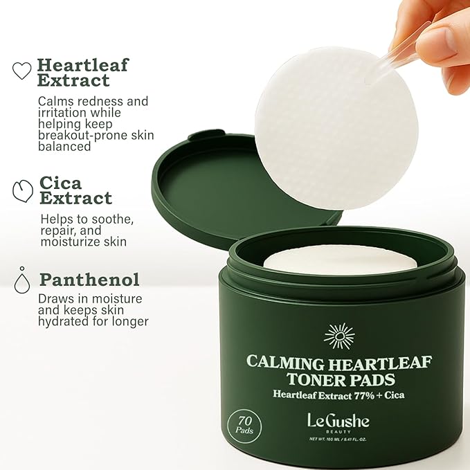 Le Gushe Heartleaf Face Toner Pads (70 Count) - Calming and Hydrating Toning Pads - CICA and Heartleaf Toner - for Troubled Skin and Breakouts (160 ml/ 5.41 fl oz)