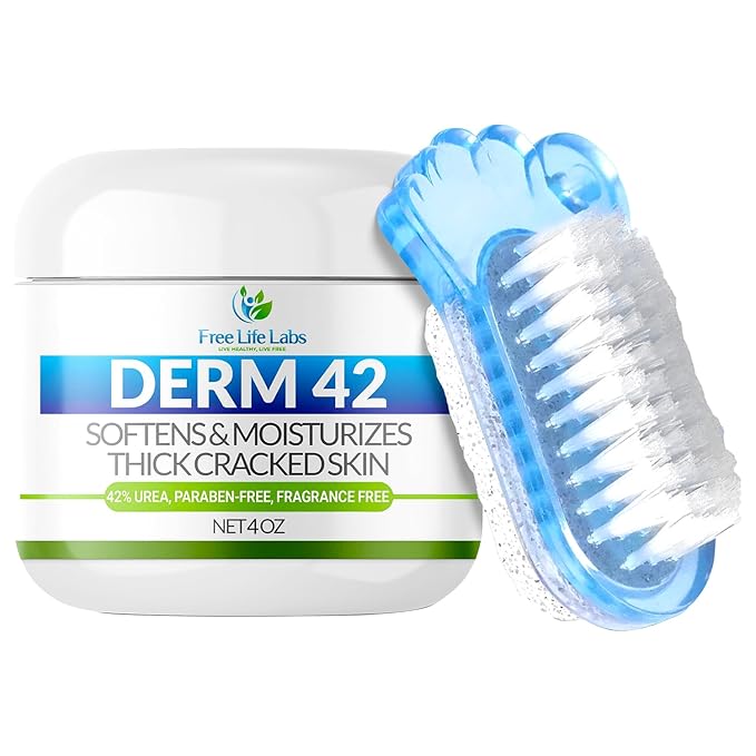 Free Life Labs - Urea Cream for Feet - Maximum Strength 42% Foot Cream for Calluses and Dry Feet - Free Pumice Stone and Brush - Shea and Mango Butters-Paraben Free-Fragrance Free- 4oz.