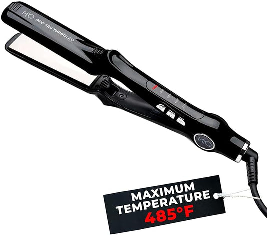 MQ Hair - Professional Titanium Flat Iron 480°F Turbo - Bivolt, Anatomic Design, Ultra-Smooth, Mirror Effect - 3 Passes Needed, Perfect Straightening - Heating Safe Control, Ionized Plates - Black