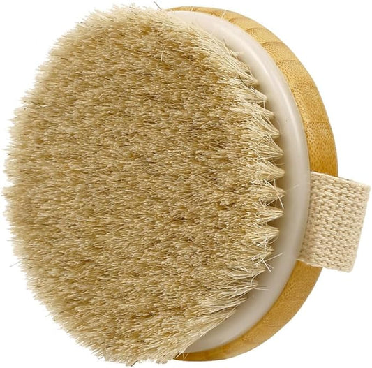 4.3” Round Bamboo Dry/Wet Body Brush Scrubber with Natural Bristles, Bath Shower Brush for Cellulite, Exfoliating and Detox, etc. (White Horsehair Bristles)