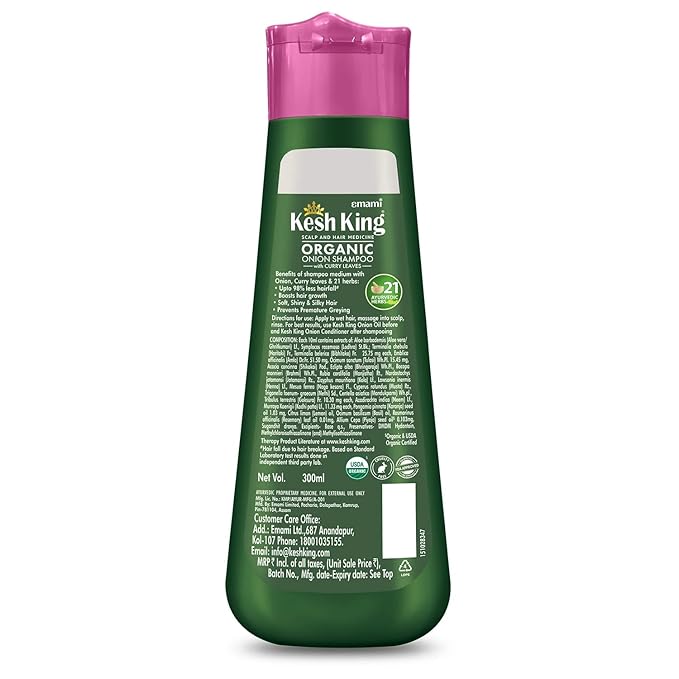 Kesh King Organic Onion Shampoo | Controls Hair Fall & Supports Hair Growth | Enriched with Curry Leaves & Herbal Extracts | Repairs Damage, Reduces Breakage & Adds Shine | 10.14 Fl Oz (300ml)
